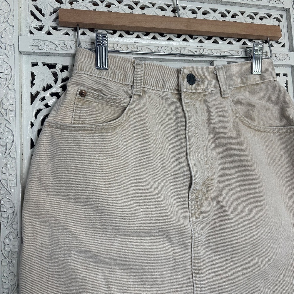 Vintage 80's 90's Khaki Neutral Retro Boho Raw Hem Denim Skirt Sz XS - Picture 2 of 7